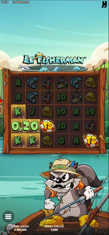 Le Fisherman slot gra bazowa z widocznym Smokeyem łowiącym nad jeziorem