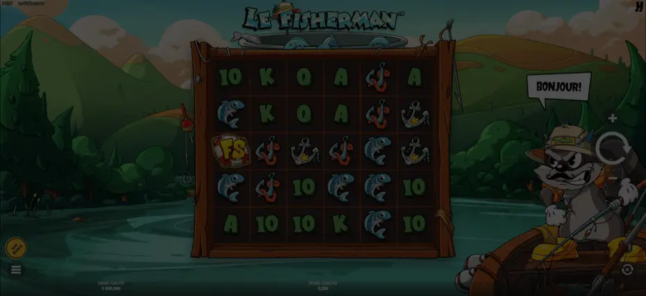 Le Fisherman slot okno demo gry pokazujące szopa Smokeya łowiącego nad jeziorem z motywem poszukiwania skarbów