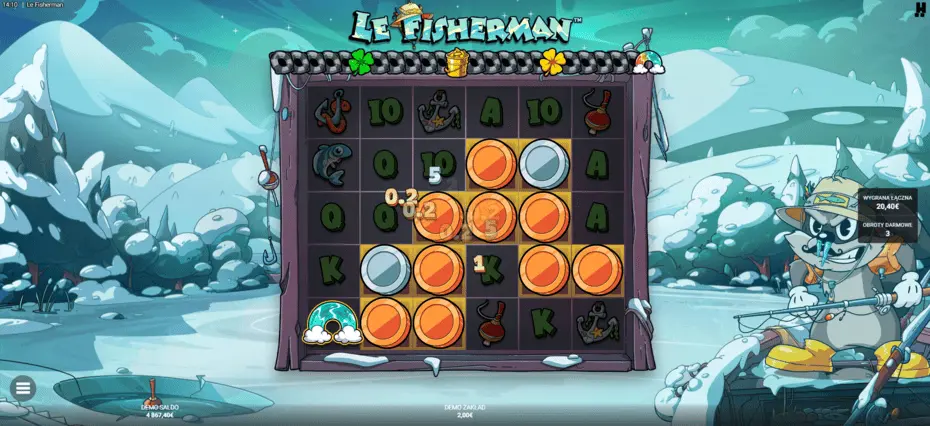 Le Fisherman Hacksaw Gaming bonus On Thin Ice z widoczną progresją Big Catch Bar
