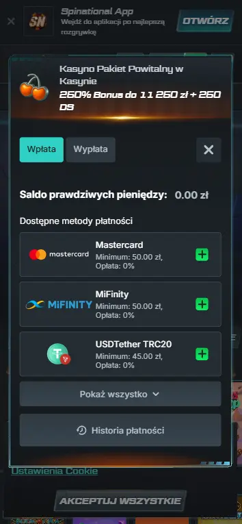 Interfejs wpłaty pokazujący BLIK Przelewy24 opcje dla Le Fisherman casino